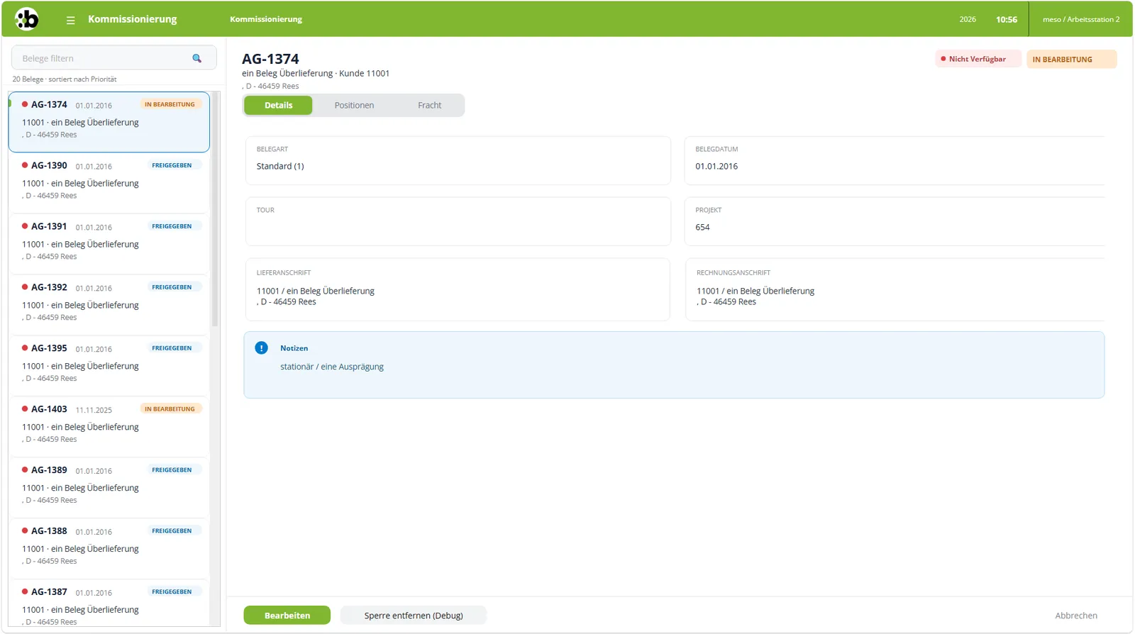 MESOLager.Web im Browser: Kommissionierung mit Belegliste links und Belegdetails rechts