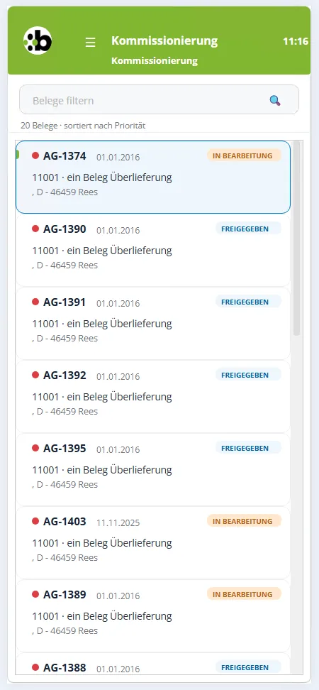 MESOLager.Web auf dem Smartphone: Belegliste der Kommissionierung